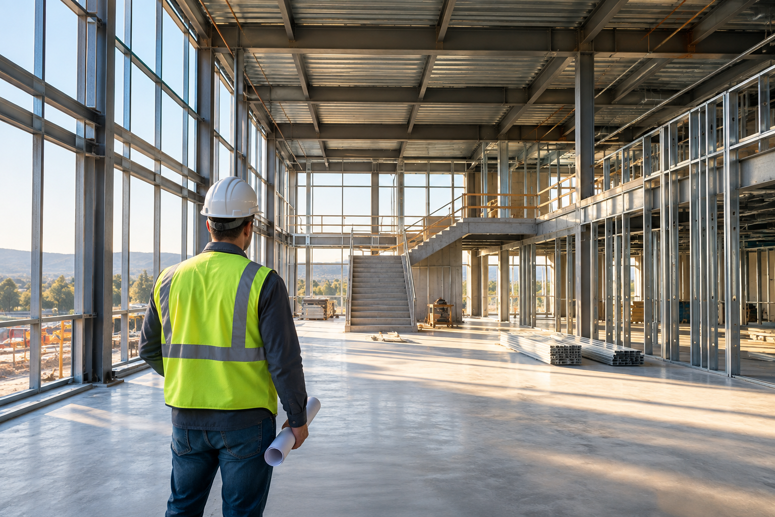 Illustrative industrial construction interior with steel framing and a site professional
